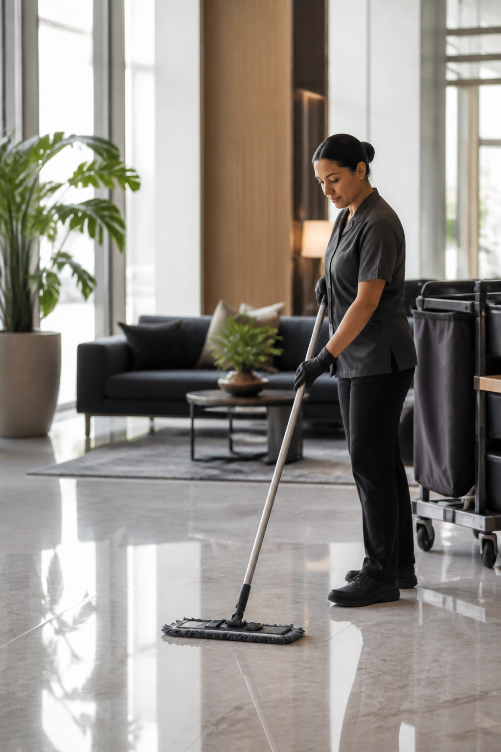 Profissional de limpeza em ambiente condominial